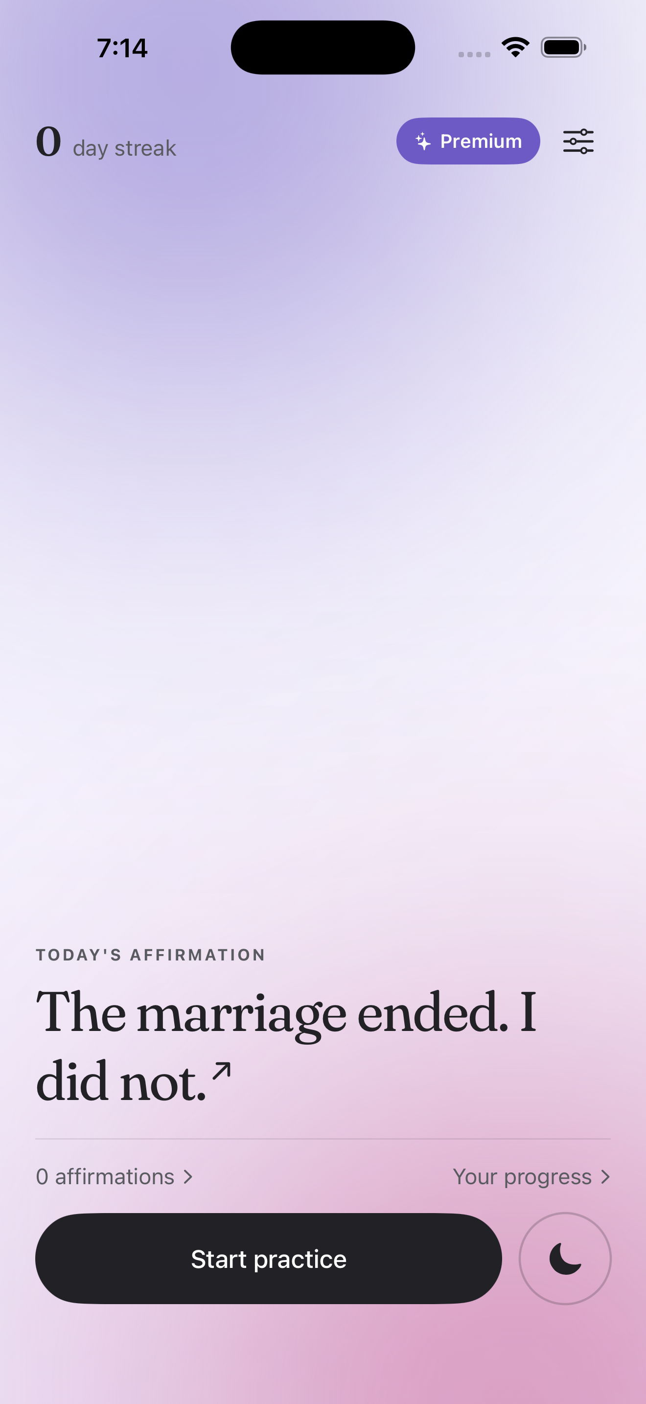 Say After Me home screen with today's affirmation and streak