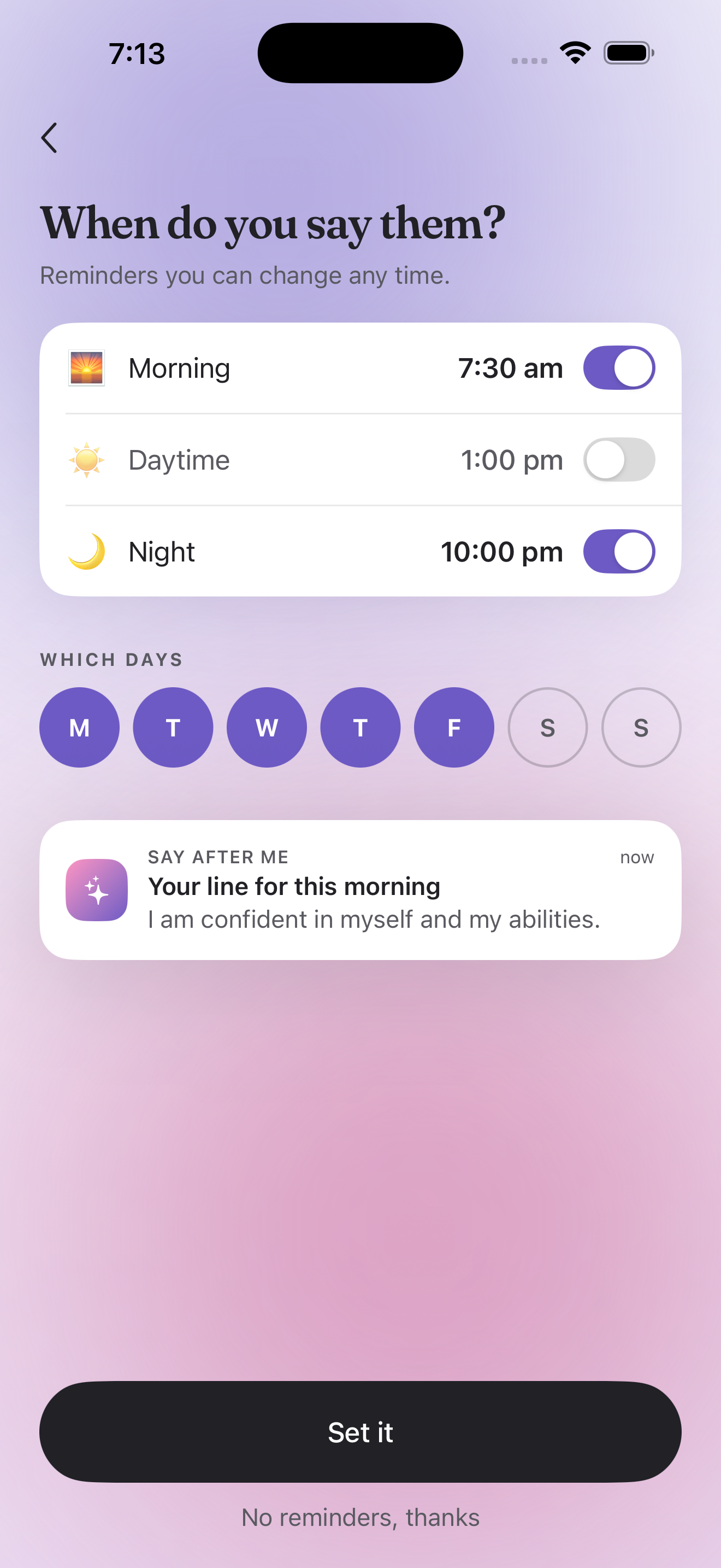 Say After Me reminder and schedule settings